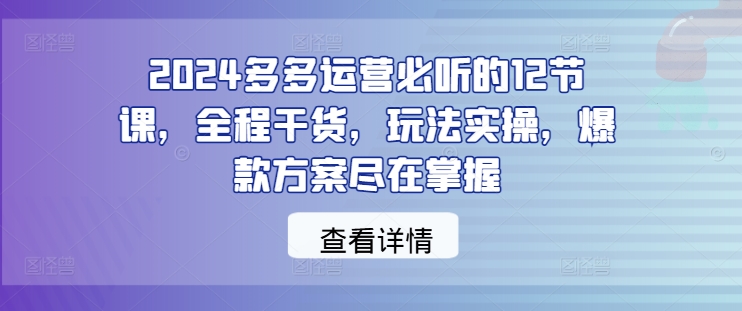 2024多多运营必听的12节课，全程干货，玩法实操，爆款方案尽在掌握-东坡聊项目